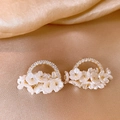 Elegant floral stud earrings with white petals and crystals on premium champagne silk - Gold-White