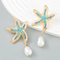 Golden starfish dangle earrings with blue rhinestones and white pearl drops - Blue Starfish Style (A734)