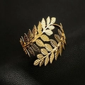 Golden leaf cuff bracelet with intricate vein details on black leather background - Gold Laurel Leaf Style (A697)