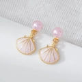 Pink shell earrings with faux pearl studs and gold trim finish in a high-quality macro view - Pink Shell Style (A928)