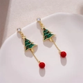 Elegant Christmas tree drop earrings with green enamel and red beads on a white tray - Green Tassel Christmas Tree (A499)