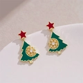 Christmas tree earrings with red stars and green enamel snowflakes with zircons - Red Pentagram Christmas Tree (A502)