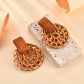 Handmade raffia flower earrings with brown wood studs and natural woven straw rings - Wood Rectangular Round Style (A408)