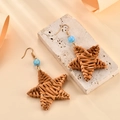 Handwoven raffia star earrings with light blue beads and golden hooks for beach style - Star Woven Style (A409)