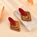 Handwoven raffia flower earrings in burgundy red with geometric bohemian drop design - Burgundy Rhombus Style (A410)