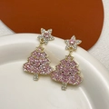 Pink rhinestone Christmas tree drop earrings with gold stars in a minimalist setting - Pink Rhinestone Christmas Tree (A1676)