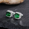 Square emerald green zircon earrings with halo diamond setting on dark rock - Small Square / Green