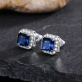 Elegant square stud earrings with royal blue zircon center stone and diamond halo design - Small Square / Blue