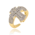 Anillo de cruz bañado en oro con micro pavé de circonitas y banda abierta ajustable - Abierto Ajustable / Estilo de Cruz Ancha Dorada (J1532)