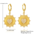 Détail de boucles d'oreilles cœur doré avec zircon et dimensions de 37,5 mm de long - Boucles d'Oreilles Cœur Radiant en Zirconia (E1077)