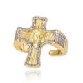 Anillo de cruz con relieve de Jesús y piedras de circonita en acabado bicolor oro - Abierto Ajustable / Estilo Rostro de Jesús de Dos Tonos (J1538)
