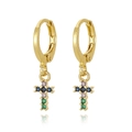 Detailed shot of gold hoop earrings with multi-colored gemstone cross pendants - Cross Style (E1063-1)