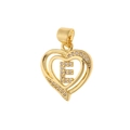 Detailed view of a gold heart pendant with cubic zirconia and the letter E inside - Letter E