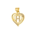 Detailed close-up of golden heart pendant with letter H and micro-pave zircon crystals - Letter H