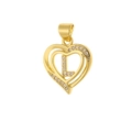 Macro view of gold heart pendant with letter L detail and micro-pave zirconia stones - Letter L