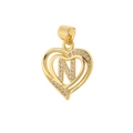 Detail of gold heart pendant with letter N and micro-paved sparkling cubic zirconia - Letter N