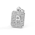 Macro view of rectangular silver pendant with inlaid crystals and letter P detail - Letter P