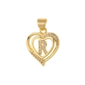 Detailed view of heart-shaped gold pendant with CZ-inlaid letter R and polished finish - Letter R