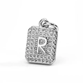 Detailed view of silver square pendant with micro-paved cubic zirconia letter R - Letter R