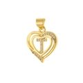 Macro shot of gold heart pendant with zircon-studded letter T and crystal details - Letter T