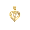 Gold heart-shaped pendant with cubic zirconia letter V and polished metal finish - Letter V