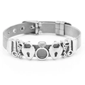 Silver mesh bracelet with heart locks, keys, and crystal charms on a white background - Silver