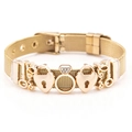 Gold mesh belt bracelet with heart, key, and love pendants on white background - Gold