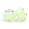 Set of two light green aurora resin glass beads with silver metal cores for DIY bracelets - Light Green Iridescent (005)
