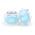 Two light blue aurora glass charm beads with iridescent ice crack patterns and metal cores - Light Blue Aurora (006)