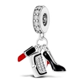 Silver bead charm set with sparkling crystals featuring lipstick, handbag, and high heel - Normal Specification / Red Sole Shoe Beauty Trio Style (002)