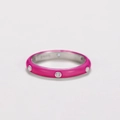 Detailed view of pink enamel coating and sparkling cubic zirconia on a silver-toned ring - US 6 / Rose Red