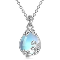 Vintage vine moonstone pendant necklace with teardrop blue stone in silver finish - White Gold