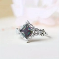 Silver ring with princess cut rainbow gemstone and diamond-accented vintage patterns - US 5 / Colorful