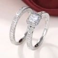 Ensemble de bagues de luxe en argent avec taille princesse et alliance pavée - US 7 / Or blanc
