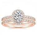 Elegant rose gold oval halo ring set featuring a pave band for weddings and engagements - US 7 / Rose Gold