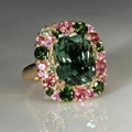 Luxury emerald-cut green gemstone ring with pink and green floral halo in gold setting - US 7 / Gold