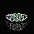 Silver infinity double heart ring with emerald green zircon micro-inlay accents - US 5 / Green