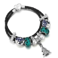 Christmas snowman beaded bracelet with black leather cord and festive tree pendant - 16cm / Style 003