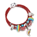 Red braided leather charm bracelet with rainbow, balloon and heart charms - 16cm / Style 004