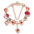 Rose gold snake chain bracelet featuring red enamel bears, heart charms and a crown charm - Rose Gold Red Bear Style (009)