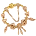 Golden snake chain bracelet with heart, crown and wing charms on white background - Crown Angel Dreamcatcher (001) / 16cm