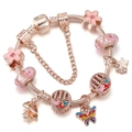 Rose gold snake chain bracelet with pink enamel flowers and butterfly charms - 16cm / Pink Butterfly Flower Style (Model 004)