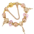 Golden snake chain bracelet with pink crystal beads and heart lock pendants - Pink Crystal Floral Key (003) / 16cm
