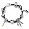 Schwarzes Lederarmband mit silbernen Mom und Engel Anhängern sowie Kamera-Elementen - Stil 009