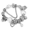 Romantic silver snake chain bracelet with crystal heart charms and Amour engravings - 16cm / Silver Heart Amour Style (004)