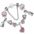 Pink crystal glass bead charm bracelet with birthday cake and heart pendants - Happy Birthday Theme (002 Style) / 16cm