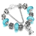 Silver snake chain bracelet with blue glass beads and an elephant charm on white background - 16cm / Silver Blue Elephant Style (001)