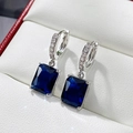 Silver drop earrings with large rectangular navy blue zircon and sparkling accents - Sapphire Blue