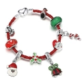 Rotes geflochtenes Leder-Weihnachtsarmband mit Weihnachtsmann, Glocken und Anhängern - Stil 011