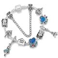 Classic cartoon style charm bracelet with blue heart paw and silver pendants - Dreamy Blue Travel Theme (004 Style) / 16cm